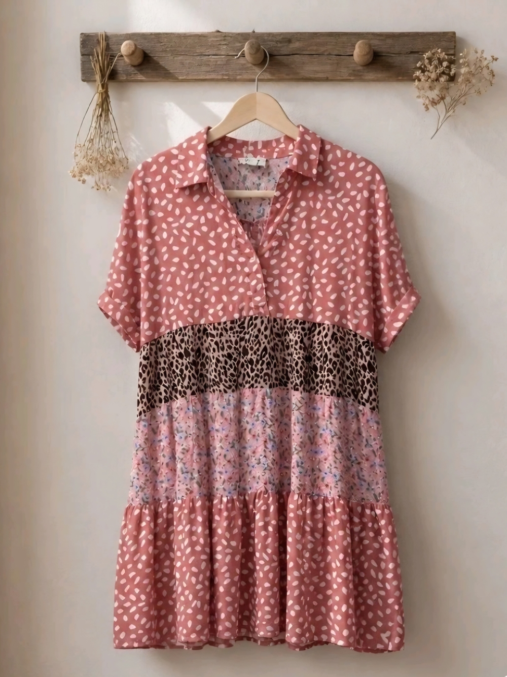 Umgee Boho Leopard Floral Mixed Print Babydoll Dress Pink & White Medium